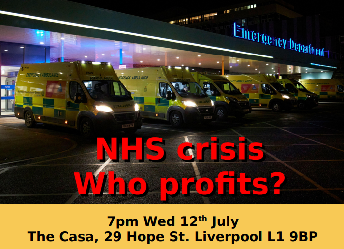 Photo of ambulances. Text reads: NHS crisis. Who profits?