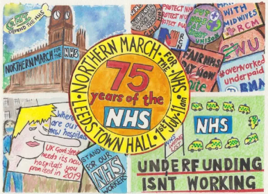 Illustrations of protests. Text states: Northern march for the NHS. Leeds Town Hall 1st July, 11am.