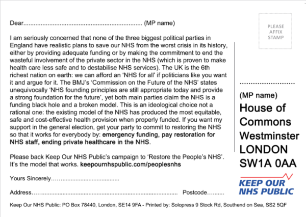 Restore the People's NHS postcard back