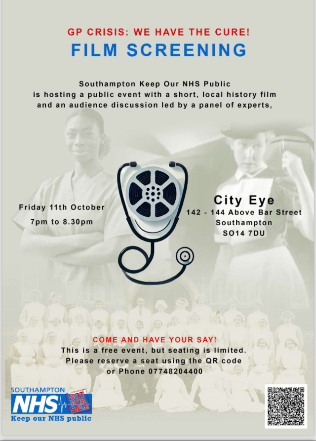 GP Crisis: We Have the Cure! Film screening. Southampton KONP is hosting a public event with a short, local history film and an audience discussion led by a panel of experts. Friday 11 October 2024, 7pm to 8.30pm. City Eye, Southampton. SO14 7DU. Free event but seating is limited. Call 07748204400 to reserve a seat.