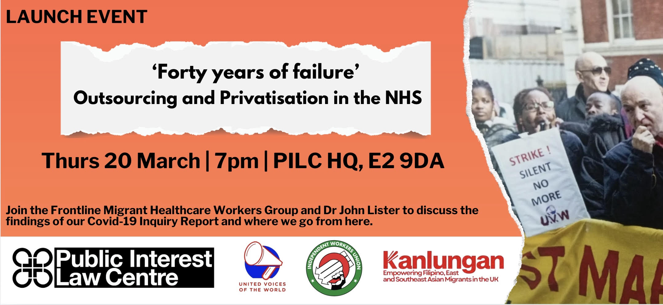 'Forty years of failure' Outsourcing and privatisation in the NHS. Thurs 20 March. 7PM PILC HQ, E2 9DA.