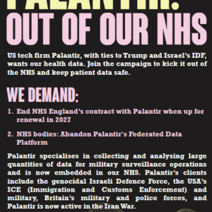 Palantir out of our NHS (front of leaflet)