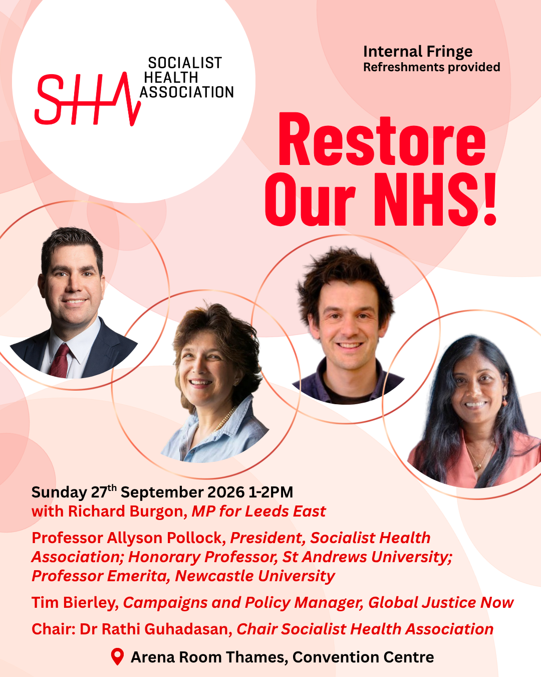 SHA (Socialist Health Association). Restore our NHS! Sunday 27 September 2026 1-2pm.